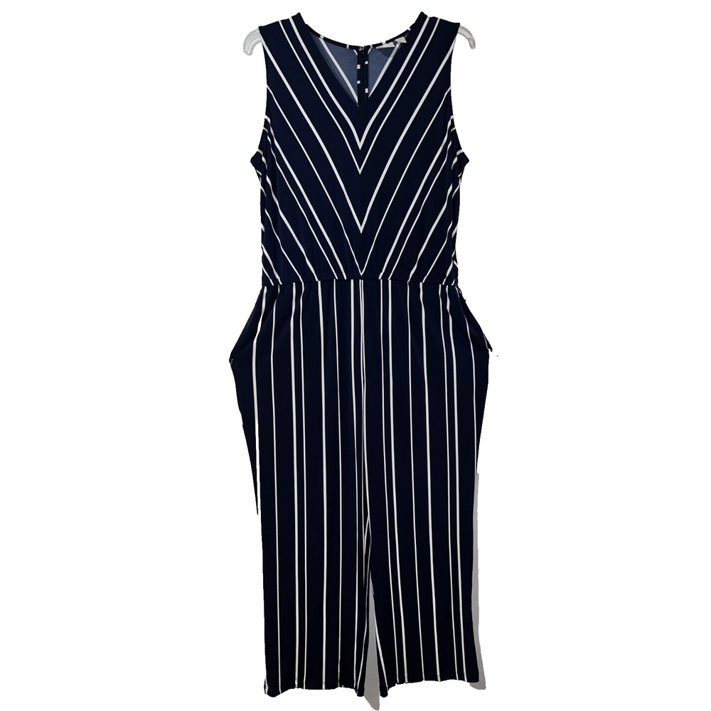 Chicos Collection Navy Blue White Striped Sleeveless V-Neck Jumpsuit Pockets 3
